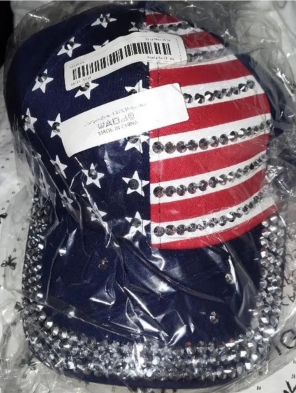 Embellished American Flag Rhinestone Baseball Cap - Navy & Red - Picture 2 of 8